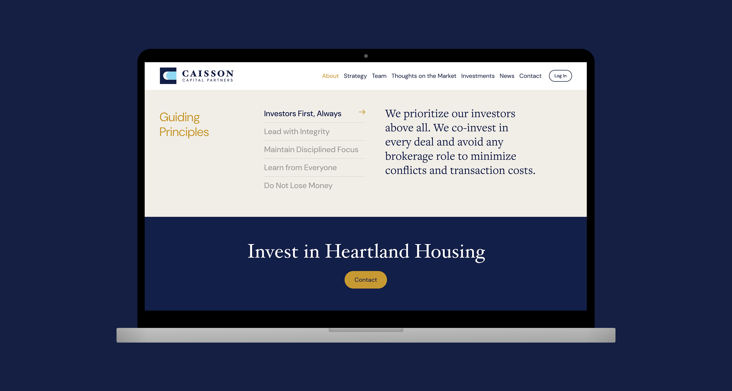 Investment popup design for the Caisson Capital website